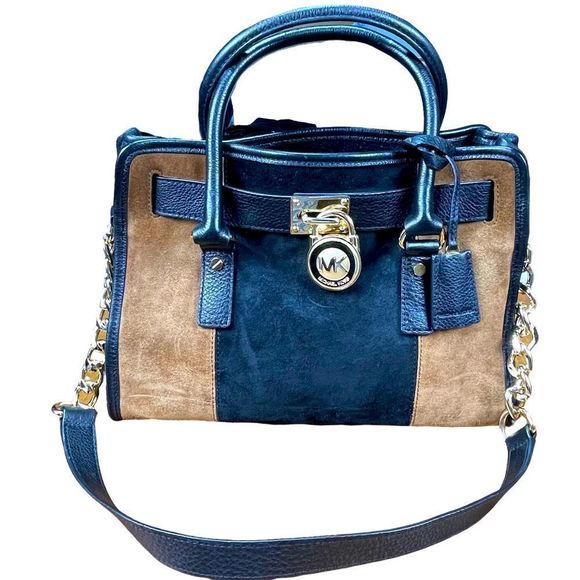 Michael Kors Hamilton Center Stripe East West Satchel Color Block Suede Lock Key - Picture 1 of 12